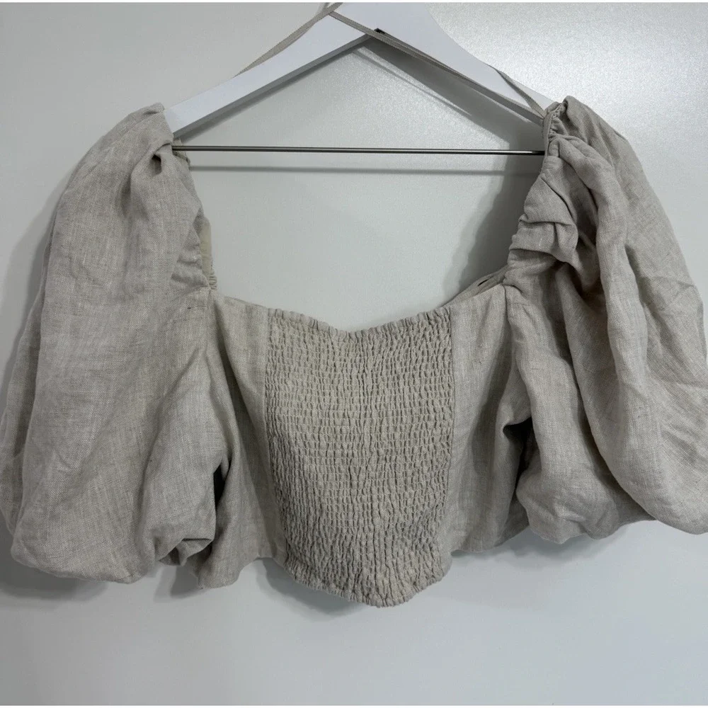 Los Angeles Atelier & Other Stories Top Cropped Puff Sleeve Linen Smocked Beige - Picture 4 of 8